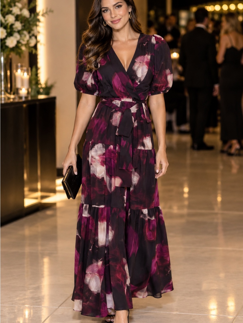 DKNY Black Floral Wrap Maxi Dress with Plum and Cream Accents, size 4.